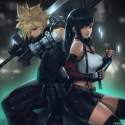 Rule 34 | 1boy, 1girl, absurdres, arm guards, armor, artist name, back-to-back, banned artist, bare shoulders, black gloves, black hair, black skirt, black thighhighs, blonde hair, blue eyes, blurry, blurry background, boots, breasts, brown eyes, buster sword, cloud strife, commentary, ear piercing, earrings, elbow gloves, english commentary, final fantasy, final fantasy vii, final fantasy vii remake, fingerless gloves, gloves, highres, jewelry, knee up, light particles, long hair, looking at viewer, midriff, over shoulder, piercing, shirt, shoulder armor, sitting, skirt, spiked hair, suspender skirt, suspenders, tank top, taut clothes, taut shirt, thighhighs, tifa lockhart, vambraces, weapon, weapon over shoulder, zeronis