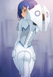 Rule 34 | 10s, 1girl, arm at side, ass, blue hair, bodysuit, breasts, closed mouth, commentary, darling in the franxx, from behind, frown, green eyes, hair ornament, hair over one eye, hairclip, hand on own shoulder, ichigo (darling in the franxx), kazuma muramasa, legs together, looking at viewer, looking back, pilot suit, short hair, signature, skin tight, solo, standing, white bodysuit