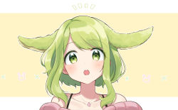 Rule 34 | 1girl, :o, animal ears, collarbone, green eyes, green hair, highres, jewelry, looking at viewer, morinaka kazaki, necklace, nijisanji, notice lines, outline, portrait, rabbit ears, short hair with long locks, simple background, solo, virtual youtuber, white outline, yellow background, yuama (drop)