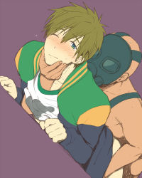 Rule 34 | 10s, 2boys, against wall, bald, blush, bottomless, brown hair, clothed male nude male, free!, gas mask, green eyes, male focus, mask, mo (nmnme), multiple boys, nude, purple background, restrained, simple background, tachibana makoto, yaoi