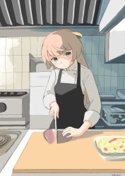 Rule 34 | 1girl, absurdres, alternate costume, apron, black apron, brown hair, buttons, chef, commentary request, cutting board, double-breasted, food, grey eyes, hair ribbon, highres, kantai collection, kazagumo (kancolle), kitchen, knife, long hair, meat, ribbon, shirt, solo, toplow, upper body, white shirt