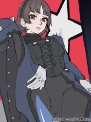 Rule 34 | 1girl, braid, breasts, brown hair, bustier, crown braid, from below, gloves, hand on own thigh, highres, knee spikes, lace-up top, leg lift, looking at viewer, medium breasts, niijima makoto, patreon username, persona, persona 5, poechan chan, red background, red eyes, scarf, short hair, shoulder spikes, simple background, spikes, star (symbol), watermark, web address