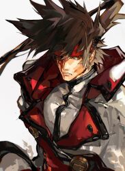 Rule 34 | 1boy, absurdres, blood, blood on face, brown hair, forehead protector, found modori, guilty gear, guilty gear xx, hair between eyes, headband, highres, long hair, male focus, order-sol, ponytail, red eyes, shaded face, simple background, sol badguy, solo, white background