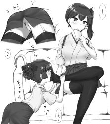 Rule 34 | 2girls, ass, blush, book, comic, feet, female admiral (kancolle), holding with feet, foot worship, greyscale, hair bun, hands on feet, holding, holding book, japanese clothes, kaga (kancolle), kantai collection, long hair, minase (takaoka nanase), monochrome, multiple girls, no shoes, open book, reading, side ponytail, single hair bun, sitting, skirt, smelling, thighhighs, translation request, yuri