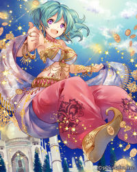 Rule 34 | + +, 1girl, :d, aqua hair, arabian clothes, armpits, baggy pants, bandeau, bangle, belly chain, blue hair, bracelet, breasts, cloud, coin, company name, earrings, eikou no guardian battle, floating hair, harem pants, highres, hoop earrings, jewelry, jumping, large breasts, looking at viewer, madogawa, midriff, necklace, official art, open mouth, pants, pointy footwear, purple eyes, ring, shawl, shoes, sky, smile, solo, star (symbol), watermark