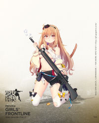 Rule 34 | 1girl, areola slip, artist request, assault rifle, blouse, blush, cat tail, character name, clothes lift, copyright name, damaged, fang, full body, girls&#039; frontline, gradient background, gun, hair ribbon, headband, highres, lifted by self, light brown hair, official art, orange hair, pout, ribbon, rifle, shirt, shirt lift, solo, stomach, sweater, t65 (girls&#039; frontline), tail, tearing up, thighhighs, torn clothes, torn shirt, weapon, white thighhighs