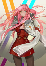 Rule 34 | 10s, aqua eyes, bad id, bad pixiv id, buttons, closed mouth, darling in the franxx, double-breasted, eyeshadow, green eyes, hair blowing, hairband, hand on own hip, horns, jacket, jacket on shoulders, makeup, military, military uniform, ogyue, orange neckwear, pantyhose, pink hair, solo, standing, straight hair, uniform, white hairband, zero two (darling in the franxx)