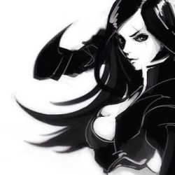 Rule 34 | 1girl, breasts, greyscale, katarina (league of legends), large breasts, league of legends, long hair, lowres, monochrome, scar, scar across eye, scar on face, simple background, solo, upper body, white background