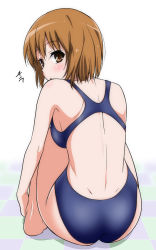 Rule 34 | 1girl, barefoot, blush, breasts, brown eyes, brown hair, checkered floor, competition swimsuit, floor, from behind, full body, hagiwara yukiho, idolmaster, idolmaster (classic), looking back, marugoshi teppei, one-piece swimsuit, open mouth, short hair, simple background, sitting, solo, swimsuit