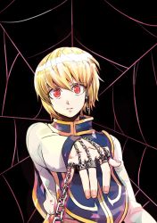 Rule 34 | 1boy, absurdres, androgynous, blonde hair, chain, dia (yvirus68), earrings, highres, hunter x hunter, jewelry, kurapika, looking at viewer, male focus, parted lips, red eyes, solo, spider web background