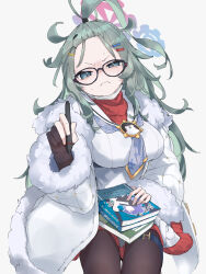 Rule 34 | 1girl, ahoge, bangs pinned back, belt, black-framed eyewear, black gloves, blue archive, blue halo, book, breasts, brown pantyhose, closed mouth, coat, commentary request, cowboy shot, double halo, frown, fur-trimmed coat, fur trim, glasses, gloves, green eyes, green hair, grey necktie, halo, hand up, highres, holding, holding book, holding stylus, huge ahoge, large breasts, long hair, makkurourufu, meru (blue archive), neckerchief, necktie, open clothes, open coat, oppai loli, pantyhose, partially fingerless gloves, print neckerchief, red sweater, ribbed sweater, simple background, solo, stylus, sweater, thigh belt, thigh strap, turtleneck, turtleneck sweater, white background, white coat