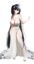 Rule 34 | 1girl, absurdres, azur lane, backless dress, backless outfit, bare shoulders, black hair, breasts, center opening, cleavage, cocktail dress, dress, earrings, evening gown, full body, garter straps, hair between eyes, hair ornament, hair strand, highres, jewelry, large breasts, long dress, long hair, looking at viewer, necklace, official alternate costume, plunging neckline, red eyes, sagging breasts, satin dress, see-through, see-through dress, shoes, silver footwear, sleeveless, sleeveless dress, standing, suji 7772, taihou (azur lane), taihou (temptation on the sea breeze) (azur lane), thighhighs, very long hair, white background, white dress, white garter straps, white thighhighs