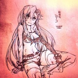 Rule 34 | 00s, 1girl, bikini, bikini top only, breasts, character name, cleavage, dated, hair down, hair ornament, large breasts, nonosaki, short shorts, shorts, sketch, smile, solo, swimsuit, tengen toppa gurren lagann, tengen toppa gurren lagann: gurren-hen, thighhighs, torn clothes, torn thighhighs, yoko littner