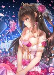 Rule 34 | 10s, 1girl, bare shoulders, blue background, blush, breasts, broken, brown hair, center opening, cleavage, clock, collarbone, cowboy shot, dress, earrings, eyebrows, flower, frills, hair flower, hair ornament, heart, heart earrings, highres, idolmaster, idolmaster cinderella girls, jewelry, large breasts, lens flare, long hair, miazi, navel, one side up, orange eyes, own hands together, parted lips, petals, pink flower, pink rose, pointer, profile, roman numeral, rose, rose petals, see-through, shimamura uzuki, shiny skin, solo, strapless, strapless dress, tiara, transparent, v arms, very long hair, white dress