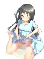 Rule 34 | 1girl, barefoot, black hair, blue dress, blush, bow, bow panties, cameltoe, closed mouth, clothes lift, collarbone, dress, dress lift, female focus, flat chest, frilled dress, frills, from above, lifting own clothes, long hair, looking at viewer, m star, one eye closed, one side up, original, panties, peeing, peeing self, puddle, short sleeves, simple background, sitting, solo, steam, tears, underwear, wariza, white background, white panties, yellow eyes