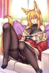 Rule 34 | 1girl, animal ear fluff, animal ears, bad id, bad pixiv id, bare shoulders, black pantyhose, blonde hair, breasts, cameltoe, character request, cleavage, controller, copyright request, couch, fox ears, fox girl, fox tail, game console, highres, huge breasts, long hair, pantyhose, playstation 4, ps4 controller, shirokuma a, solo, sony, sweater, tail, thighband pantyhose, tight clothes, turtleneck, very long hair, yellow eyes