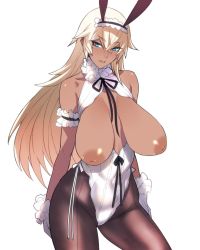 Rule 34 | 1girl, animal ears, arm garter, ban! (bansankan), bare shoulders, black pantyhose, blonde hair, blue eyes, breastless clothes, breasts, breasts apart, cameltoe, cleavage, covered navel, dark-skinned female, dark skin, gloves, highres, huge breasts, inverted nipples, large areolae, large breasts, long hair, looking at viewer, nipples, original, pantyhose, parted lips, rabbit ears, sagging breasts, simple background, solo, standing, white background, white gloves