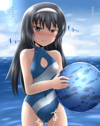 Rule 34 | 1girl, ball, beachball, black hair, blue one-piece swimsuit, blush, breasts, brown eyes, cleavage, cleavage cutout, clothing cutout, cloud, collarbone, girls und panzer, hairband, highres, holding, homare (suzu no oka), lens flare, long hair, looking at viewer, medium breasts, ocean, one-piece swimsuit, peeing, peeing self, reizei mako, sky, standing, sun, sweatdrop, swimsuit, wading, water