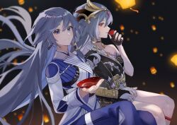 Rule 34 | 2girls, black nails, blue eyes, blurry, blurry background, closed mouth, commentary, cup, drinking, dual persona, fingerless gloves, fu hua, fu hua (azure empyrea), fu hua (herrscher of sentience), fu hua (taixuan impression), fukazzi 2nd, gloves, grey hair, hair ornament, highres, holding, holding cup, holding hands, honkai (series), honkai impact 3rd, interlocked fingers, korean commentary, lantern, light, long hair, multiple girls, official alternate costume, red eyes, sitting, smile, thighs