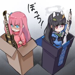 Rule 34 | 2girls, animal ears, black gloves, black hair, blue archive, blue eyes, blue serafuku, blue skirt, bocchi the rock!, bolt action, box, bright pupils, cardboard box, commentary request, crossover, cube hair ornament, electric guitar, fake animal ears, gibson les paul, gloves, gotoh hitori, green neckerchief, guitar, gun, hair ornament, halo, highres, holding, holding instrument, in container, instrument, jacket, long hair, looking at another, miyu (blue archive), mosin-nagant, multiple girls, neckerchief, one side up, pink hair, pink jacket, pleated skirt, rabbit ears, red eyes, rifle, rocktide, sailor collar, school uniform, serafuku, skirt, sweat, track jacket, trait connection, trash can, weapon, white pupils, white sailor collar, white skirt