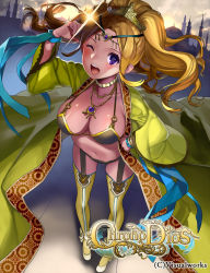 Rule 34 | 1girl, blonde hair, breasts, brown hair, choker, chrono dios, from above, gaou (umaiyo puyoman), garter straps, highres, jewelry, large breasts, looking at viewer, lots of jewelry, midriff, navel, necklace, pigeon-toed, ponytail, purple eyes, robe, solo, sunset, thighhighs, tiara, wink