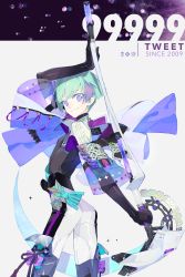 Rule 34 | 1girl, androgynous, aqua hair, ass, black gloves, elbow gloves, flat chest, gloves, high collar, highres, holding, holding scythe, holding weapon, looking at viewer, multicolored hair, nishihara isao, original, purple eyes, purple hair, scythe, see-through, shadow, shiny clothes, short hair, skin tight, smile, solo, two-tone hair, weapon