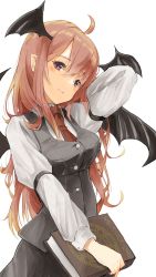Rule 34 | 1girl, ahoge, arm up, bat wings, black skirt, black vest, black wings, blush, book, breasts, closed mouth, commentary request, cowboy shot, demon girl, head tilt, head wings, highres, holding, holding book, koakuma, long hair, long sleeves, looking at viewer, medium breasts, necktie, pointy ears, purple eyes, red hair, red necktie, shirt, simple background, skirt, smile, solo, touhou, very long hair, vest, white background, white shirt, wings, yamabukiiro (browncat)