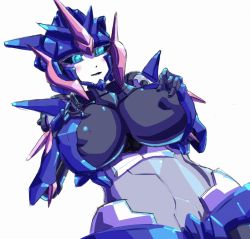 Rule 34 | 1girl, android, arcee, blue eyes, breasts, female focus, highres, huge breasts, marokko (41evol), mecha, robot, simple background, solo, transformers, transformers prime, white background
