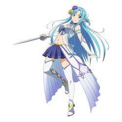 Rule 34 | 10s, 1girl, adapted costume, asuna (sao), asuna (sao-alo), blue bra, blue eyes, blue hair, blue skirt, boots, bra, elbow gloves, flower, full body, gloves, hair flower, hair ornament, highres, holding, holding sword, holding weapon, long hair, long legs, looking at viewer, matching hair/eyes, midriff, navel, official art, pleated skirt, pointy ears, see-through, skirt, smile, solo, sword, sword art online, sword art online: code register, thigh boots, thighhighs, underwear, weapon, white background, white footwear, white gloves, white thighhighs, zettai ryouiki