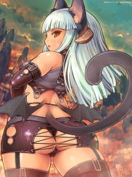 Rule 34 | 1girl, animal ears, ass, blue hair, blush, breasts, brown eyes, cat ears, cat tail, demon wings, elbow gloves, garter straps, gloves, hands on own hips, horns, long hair, looking at viewer, looking back, medium breasts, original, plump, shigatake, solo, tail, thighhighs, white hair, wings