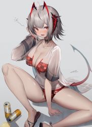 Rule 34 | 1girl, absurdres, adjusting hair, alcohol, arknights, beer, bikini, breasts, cleavage, demon girl, demon tail, female focus, highres, horns, huge filesize, ioriwu8, large breasts, naughty face, open mouth, red bikini, red eyes, red horns, sandals, see-through, solo, spread legs, swimsuit, swimsuit cover-up, tail, w (arknights)