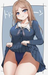Rule 34 | 1girl, :q, absurdres, bang dream!, blue eyes, blue one-piece swimsuit, blue shirt, blue skirt, blush, border, breast pocket, breasts, brown hair, buttons, cleavage, closed mouth, clothes lift, collarbone, commentary request, cowboy shot, gluteal fold, grey background, grey neckerchief, groin, hellz (kari), highres, lifted by self, long hair, long sleeves, looking at viewer, medium breasts, miniskirt, nagasaki soyo, neckerchief, one-piece swimsuit, outside border, parted bangs, pleated skirt, pocket, sailor collar, school uniform, shirt, sidelocks, simple background, skirt, skirt lift, smile, solo, standing, swimsuit, swimsuit under clothes, thigh gap, tongue, tongue out, translation request, tsukinomori school uniform, white border, white sailor collar
