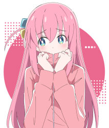 Rule 34 | 1girl, blue eyes, bocchi the rock!, covering own mouth, cube hair ornament, embarrassed, gotoh hitori, hair between eyes, hair ornament, hands on own cheeks, hands on own face, ixy, jacket, long hair, long sleeves, looking to the side, pink hair, pink jacket, pink theme, simple background, solo, upper body
