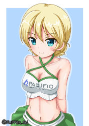 Rule 34 | 1girl, alternate costume, arms behind back, belt, blonde hair, blue background, blue eyes, blue outline, braid, breasts, cleavage, closed mouth, collarbone, commentary, criss-cross halter, crop top, darjeeling (girls und panzer), flipper, girls und panzer, green skirt, halterneck, leaning forward, looking at viewer, medium breasts, midriff, miniskirt, navel, one-hour drawing challenge, outline, race queen, shirt, short hair, skirt, smile, solo, standing, swept bangs, twin braids, twitter username, upper body, white belt, white shirt