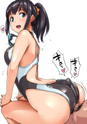 Rule 34 | 1boy, 1girl, :d, arched back, ass, bad id, bad pixiv id, black hair, blue eyes, blush, bulge, buttjob, buttjob under clothes, censored, competition swimsuit, erection, erection under clothes, from side, goggles, goggles around neck, heart, hetero, highleg, highleg swimsuit, highres, huge ass, long hair, looking back, male pubic hair, mosaic censoring, one-piece swimsuit, open mouth, original, penis, penis under another&#039;s clothes, ponytail, pubic hair, scrunchie, shimazu tekkou, simple background, smile, spoken heart, sweat, swimsuit, white background