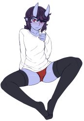Rule 34 | 1boy, absurdres, arm behind back, arm support, black thighhighs, blue skin, blush, bulge, closed mouth, collarbone, colored skin, commentary, curly hair, embarrassed, eyelashes, eyes visible through hair, frown, full body, half-closed eyes, hand on own chest, hand up, head tilt, highres, horns, ittla, knees apart feet together, kyou (ittla), long hair, long sleeves, looking at viewer, male focus, no pants, no shoes, oni, oni horns, original, panties, penis in panties, pointy ears, ponytail, purple hair, raised eyebrows, red eyes, red panties, shirt, sidelocks, simple background, sitting, sketch, skindentation, sleeves past wrists, slit pupils, solo, spread legs, testicles, thick eyebrows, thighhighs, trap, underwear, wavy mouth, white background, white shirt