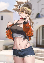 Rule 34 | 1girl, absurdres, bare shoulders, blonde hair, blue sky, blurry, blurry background, breasts, building, camisole, choker, cleavage, cloud, commentary request, cowboy shot, crop top, cropped jacket, cutoffs, day, denim, denim shorts, genshin impact, grin, hair between eyes, highleg, highleg panties, highres, jacket, large breasts, long hair, long sleeves, looking at viewer, midriff, navel, nineye, off shoulder, open clothes, open jacket, orange jacket, outdoors, panties, ponytail, red choker, short shorts, shorts, shoulder tattoo, sky, smile, solo, standing, stomach, tattoo, thighs, underwear, white headwear, yellow eyes, yoimiya (genshin impact)