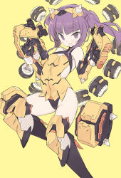 Rule 34 | 1girl, alice gear aegis, armor, bare shoulders, black gloves, black socks, blade (galaxist), blush, breasts, elbow gloves, fang, gloves, gun, handgun, holding, holding gun, holding weapon, horns, ichijou ayaka, kneehighs, leotard, looking at viewer, mecha musume, open mouth, pistol, purple eyes, purple hair, small breasts, socks, solo, twintails, weapon, yellow background, yellow theme