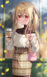 Rule 34 | 1girl, :d, bag, black pantyhose, blurry, blurry background, blush, brown hair, brown skirt, coffee cup, cup, depth of field, disposable cup, ginkgo leaf, hair between eyes, handbag, highres, holding, holding cup, leaf, long hair, long sleeves, meito (maze), off-shoulder sweater, off shoulder, one side up, open mouth, original, pantyhose, plaid, plaid skirt, puffy long sleeves, puffy sleeves, red eyes, shoulder bag, single hair intake, skirt, sleeves past wrists, smile, solo, sweater, very long hair, white sweater