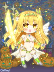 Rule 34 | 1girl, :d, armor, bare shoulders, bikini, bikini armor, blonde hair, breasts, chain paradox, character request, chibi, feathered wings, fence, full body, gloves, glowing, glowing sword, glowing weapon, green bikini, halloween, headpiece, holding, holding sword, holding weapon, jack-o&#039;-lantern, lamppost, long hair, looking at viewer, medium breasts, navel, open mouth, shikito (yawa0w0), smile, solo, sparkle, swimsuit, sword, thighhighs, two side up, very long hair, weapon, white gloves, white thighhighs, white wings, wings, yellow eyes