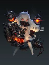 Rule 34 | 10s, 1girl, abyssal ship, angry, bacius, cannon, chain, covered mouth, dress, enemy aircraft (kancolle), english text, fire, glowing, grey background, gun, horns, kantai collection, long hair, mittens, monster, northern ocean princess, red eyes, simple background, weapon, white dress, white hair