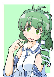 Rule 34 | 1girl, absurdres, blush, border, breasts, detached sleeves, frog hair ornament, green eyes, green hair, hair ornament, highres, kochiya sanae, long hair, looking at viewer, medium breasts, nontraditional miko, outside border, pointing, pointing at self, side ponytail, snake hair ornament, solo, touhou, upper body, wavy mouth, white border, wide sleeves, yama dango