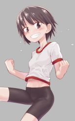 Rule 34 | 1girl, bike shorts, black shorts, brown eyes, brown hair, clenched hands, commentary, cowboy shot, girls und panzer, grey background, grin, gym shirt, gym uniform, isobe noriko, leg up, looking at viewer, monolith (suibou souko), navel, shirt, short hair, short shorts, short sleeves, shorts, simple background, smile, solo, standing, standing on one leg, sweat, t-shirt, thighs, white shirt