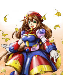 Rule 34 | 1girl, :d, android, beret, blush, breasts, brown hair, dress, falling leaves, gloves, gradient background, green eyes, hair between eyes, hat, iris (mega man), katsuno, leaf, long hair, low-tied long hair, medium breasts, mega man (series), mega man x4, mega man x (series), military hat, open mouth, red hat, smile, solo, teeth, very long hair, white gloves