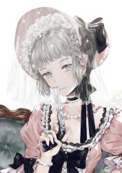 Rule 34 | 1girl, bad id, bad twitter id, black bow, black bowtie, black ribbon, blue eyes, blunt bangs, bonnet, bow, bowtie, braid, breasts, choker, cleavage, closed mouth, dangmill, dress, fingernails, frilled choker, frilled dress, frilled sleeves, frills, grey hair, gun, hand up, handgun, hat, hat ribbon, holding, holding gun, holding weapon, jewelry, looking at viewer, medium breasts, mole, mole on breast, necklace, original, pearl necklace, pink dress, pink hat, pistol, puffy short sleeves, puffy sleeves, ribbon, ribbon trim, ring, short hair, short sleeves, side braids, sitting, solo, upper body, weapon