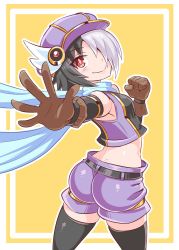 Rule 34 | 1girl, arm warmers, ass, bare shoulders, black hair, blush, brave dungeon, breasts, cougar (cougar1404), from behind, gloves, hair over one eye, hat, looking at viewer, majin shoujo, multicolored hair, scarf, shiny clothes, shiny skin, short hair, shorts, silver hair, smile, solo, thighhighs, zizou olympia