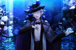 Rule 34 | 1boy, :d, aquarium, azul ashengrotto, black bow, black bowtie, black headwear, black pants, black suit, blue theme, bow, bowtie, coral, fish, formal, glasses, gloves, grey eyes, highres, looking at viewer, male focus, open mouth, pants, smile, solo, standing, suit, twisted wonderland, utsuginoki, white gloves, white hair