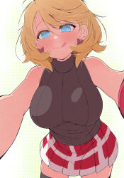 1girl blonde_hair blue_eyes breasts creatures_(company) fujiwara_hiro_(kaede_ciao) game_freak large_breasts miniskirt nintendo pokemon pokemon_xy serena_(pokemon) short_hair skirt solo