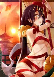 Rule 34 | 1girl, ashita wa hitsuji, black hair, blush, breasts, commentary request, covered erect nipples, fate/grand order, fate (series), hair between eyes, heterochromia, highres, lips, long hair, looking at viewer, medium breasts, mochizuki chiyome (fate), mochizuki chiyome (third ascension) (fate), no panties, open mouth, orange eyes, pagoda, pixiv fate/grand order contest 2, purple eyes, red ribbon, ribbon, shiny skin, sitting, slit pupils, solo, strapless, sun, sunset, tattoo, tube top, underboob, very long hair