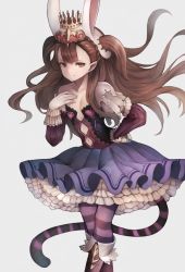 Rule 34 | 1girl, animal ears, bad id, bad twitter id, blue skirt, boots, breasts, brown eyes, brown hair, closed mouth, commentary request, copyright request, crown, feet out of frame, floating hair, frilled skirt, frills, gloves, grey background, hand on own hip, hand up, leaning forward, long sleeves, looking at viewer, pantyhose, purple pantyhose, rabbit ears, shingeki no bahamut, simple background, skirt, small breasts, smile, snm (sunimi), solo, striped clothes, striped pantyhose, striped tail, tail, white gloves